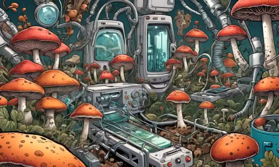 Vista microcósmica de hongos creciendo en medio de órganos humanos y equipos médicos.