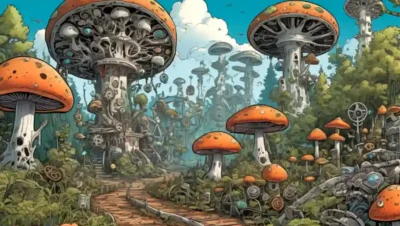 Un paisaje forestal con hongos creciendo en árboles