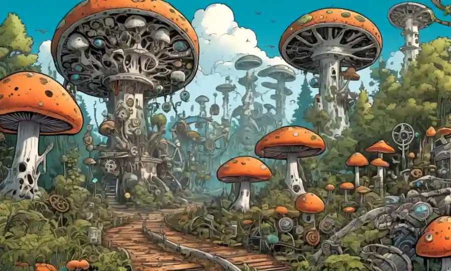 Un paisaje forestal con hongos creciendo en árboles