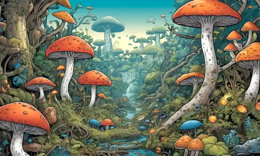 Fungi rodeado de ecosistemas interconectados, destacando su papel en el mantenimiento del equilibrio ambiental.