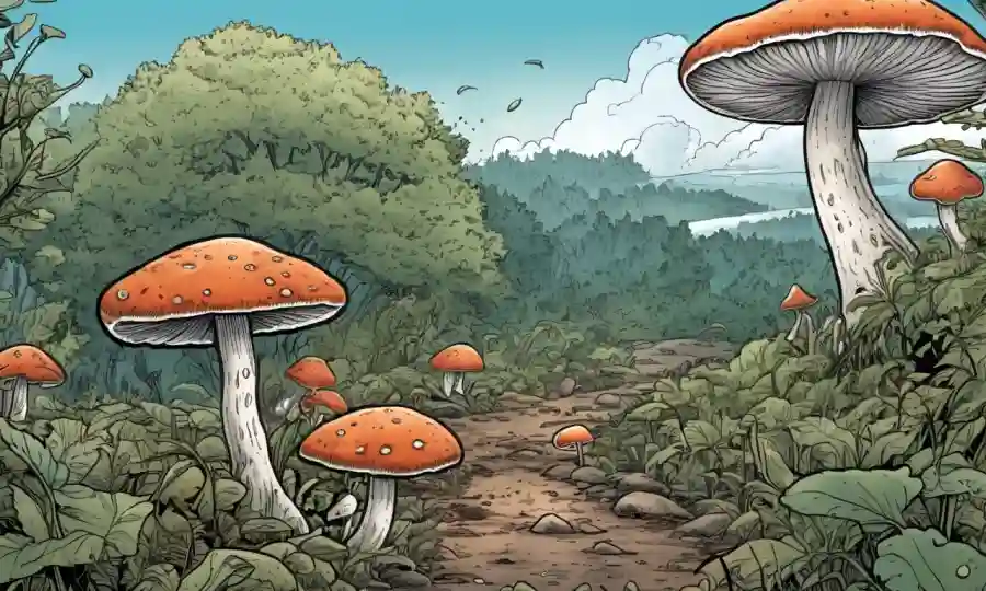 Fungi creciendo en la naturaleza con una sutil influencia de fondo del cambio climático.