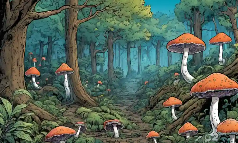 Fungi creciendo en árboles con diversos ecosistemas forestales.