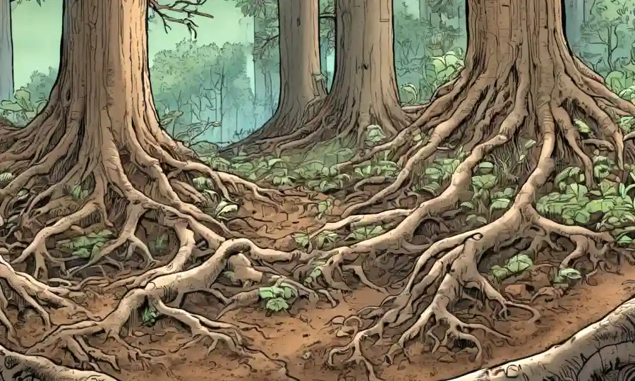 Ilustración de conexiones fúngicas entre raíces de árboles y microbios de suelo en un ecosistema forestal.