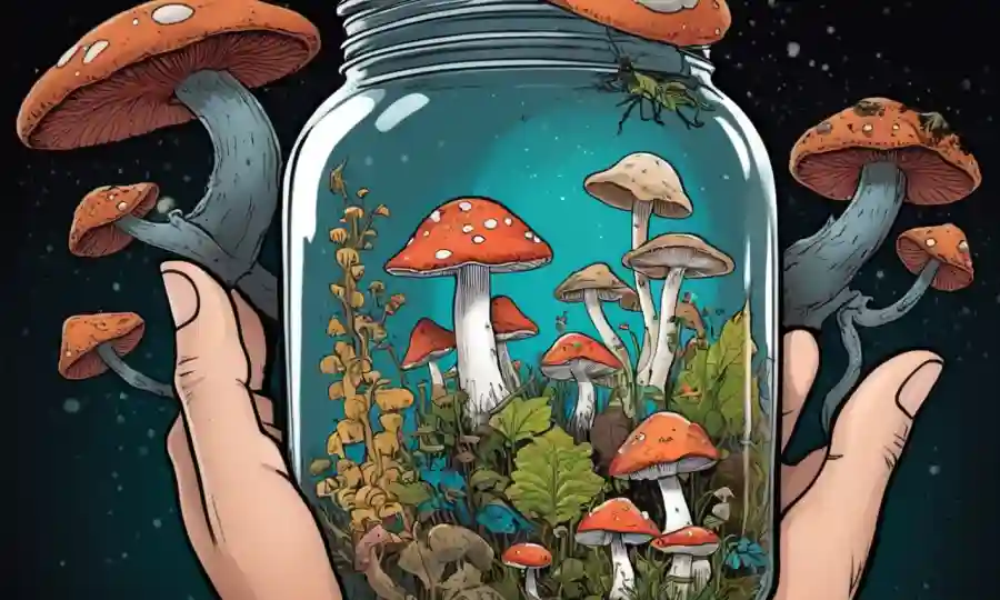 Persona sosteniendo un frasco de hongos con varias especies de hongos creciendo dentro.
