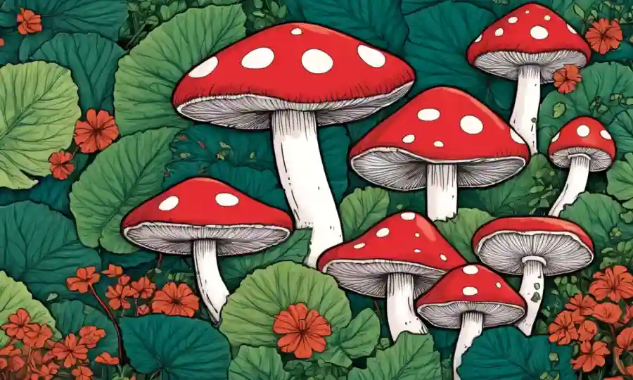 Setas y símbolos japoneses dispuestos en un fondo frondoso.