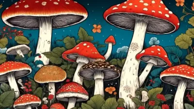 Vibrant ilustración de varios hongos japoneses rodeados de motivos tradicionales.