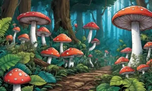 Un colorido conjunto de hongos creciendo en medio del exuberante follaje forestal.