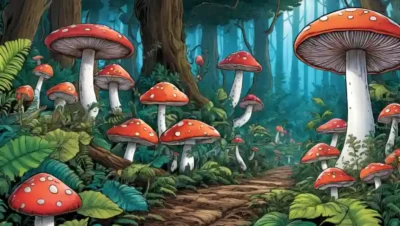 Un colorido conjunto de hongos creciendo en medio del exuberante follaje forestal.