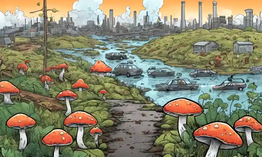 Fungi creciendo en medio de señales de alerta de contaminación con un ecosistema saludable en el fondo.