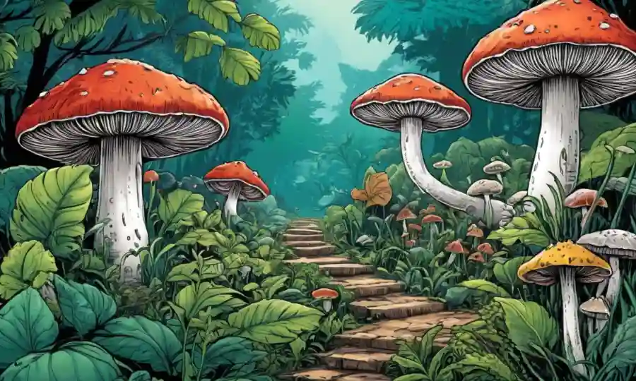 Fungi creciendo en armonía con plantas exuberantes y vibrantes, simbolizando el equilibrio ecológico.