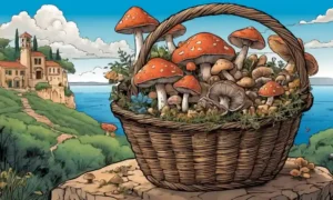 Una canasta llena de diversos hongos en un paisaje mediterráneo.