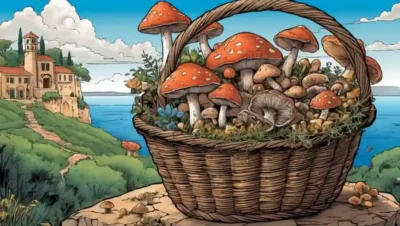 Una canasta llena de diversos hongos en un paisaje mediterráneo.