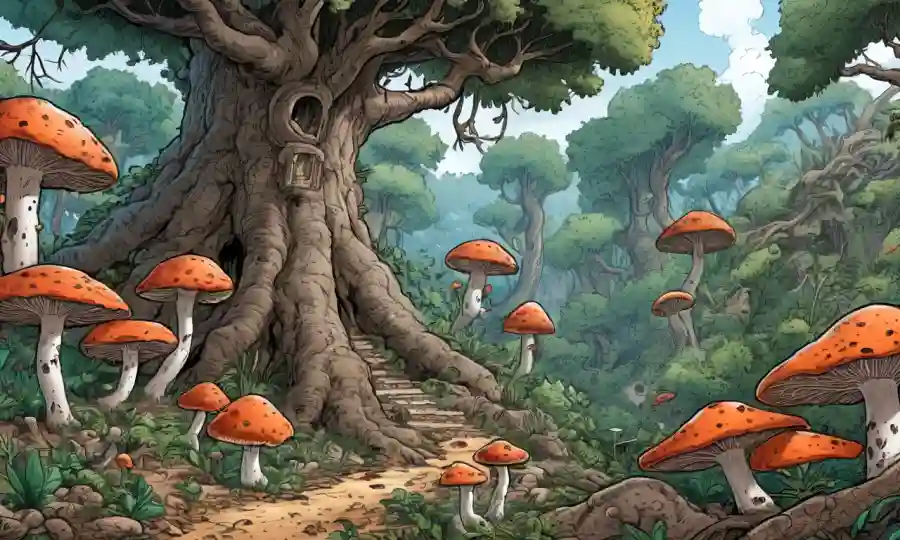 Un bosque mediterráneo con varios tipos de hongos que crecen alrededor de árboles antiguos.