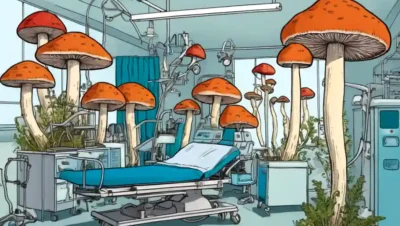 Varias especies de hongos en exhibición en medio de equipos médicos o diagramas.