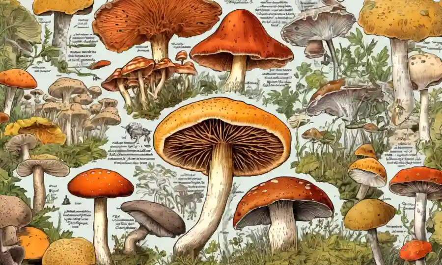 Collage of fungi images with medicinal applications written in Spanish background.
