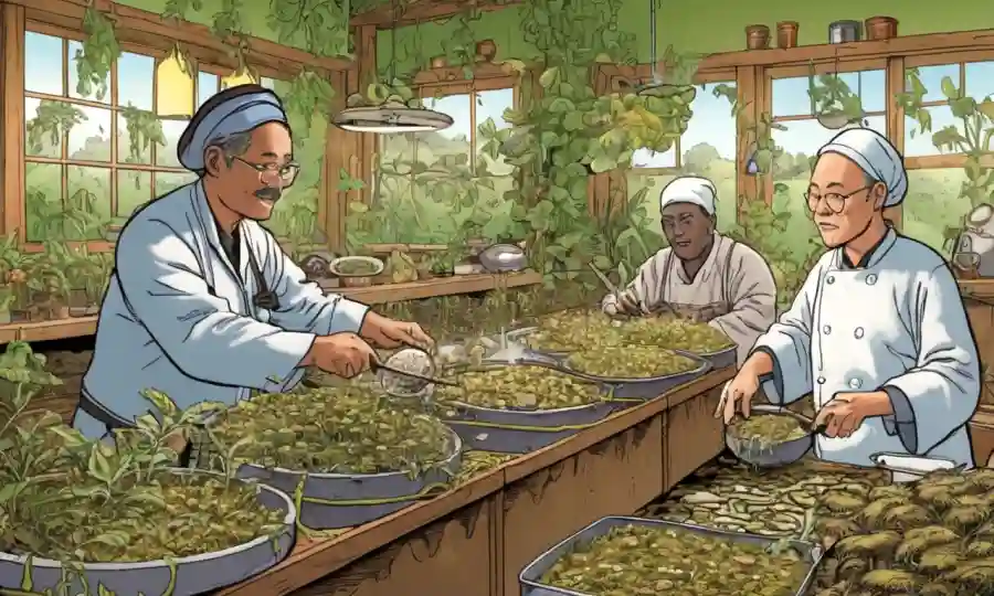 Un fondo lleno de hongos con practicantes de medicina tradicional en el trabajo.