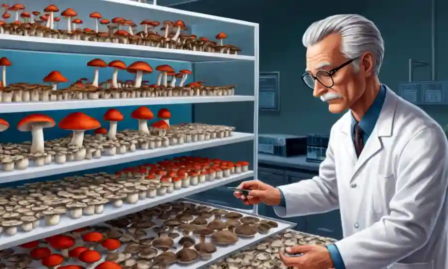 Un científico que examina varias especies de hongos en bandejas de exhibición en un laboratorio médico.