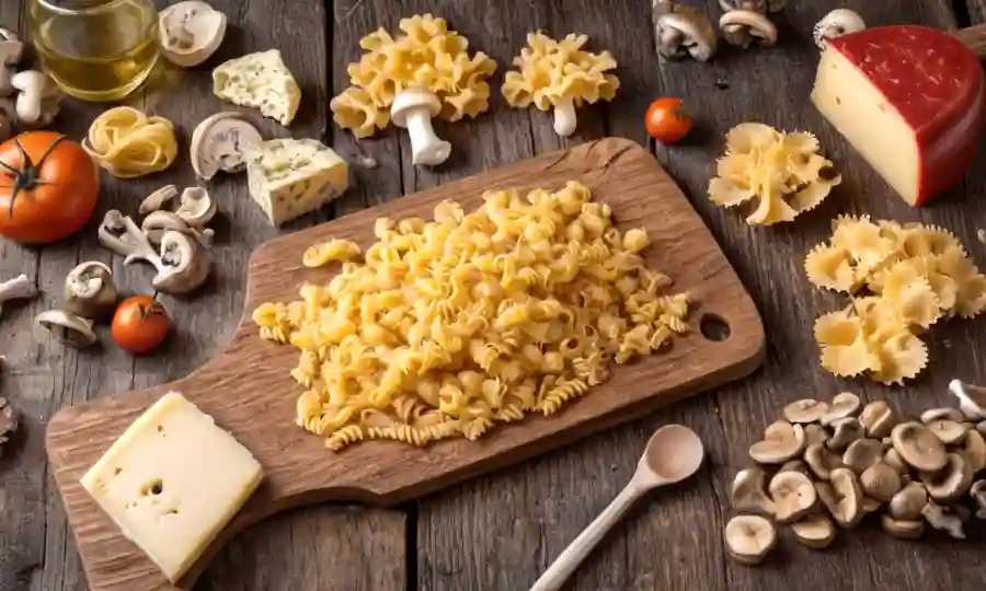 La pasta blanda se moldea en formas de queso entre varios tipos de hongos en tablas de madera rústicas.