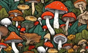 Un collage de varios hongos en un fondo de medicina tradicional.