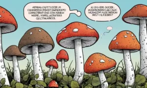Una fila de especies de hongos mostradas con burbujas de texto relacionadas con el tratamiento del cáncer.