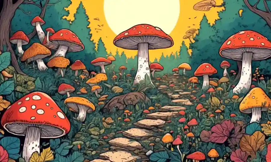 Meditación de la mente y ilustraciones coloridas que rodean los hongos como la gente experimenta emociones.