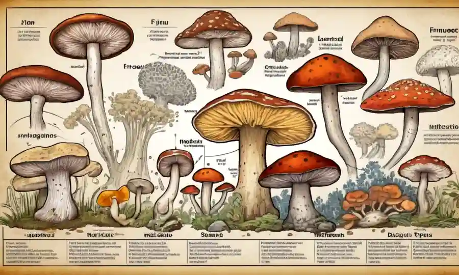 Ilustración de diferentes tipos de hongos con etiquetas que describen varias infecciones, configuradas en un fondo de gráficos y diagramas médicos.