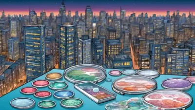 Un microscopio desliza la configuración con varios platos petri rodeados de un paisaje urbano que simboliza la salud pública.