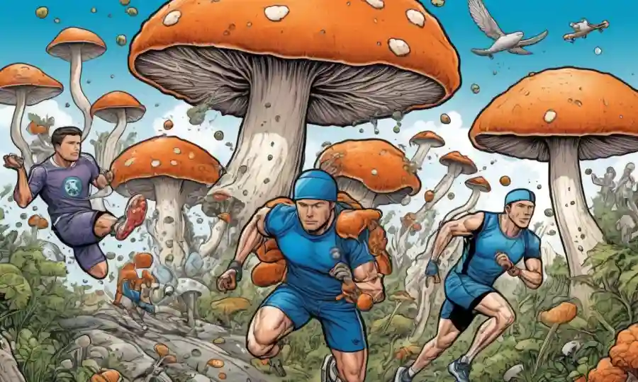 Atletas que participan en deportes con ilustraciones de diversos tipos de hongos y conceptos médicos.