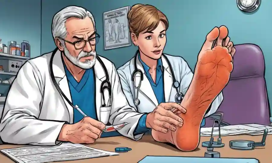 Un médico examina un pie de atletas mientras examina las opciones de tratamiento en un gráfico médico.