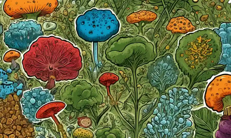 Ilustración microscópica de esporas rodeadas de iconografía agrícola, destacando su papel en la configuración de la biodiversidad.