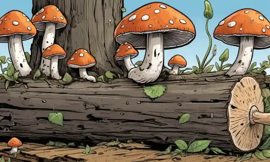 Setas creciendo en troncos de desintegración, con flechas que ilustran ciclos y amenazas de nutrientes.