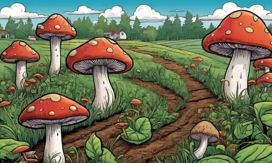 Setas creciendo en un campo sostenible con cultivos y lombriz.