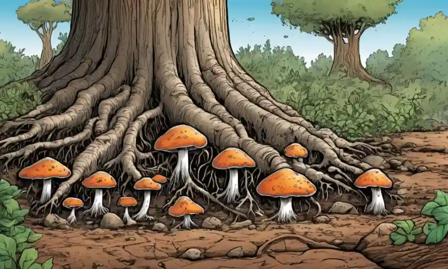Fungi creciendo a partir de raíces de árboles, ilustrando su papel en el ciclo del carbono y en el ciclismo de nutrientes.