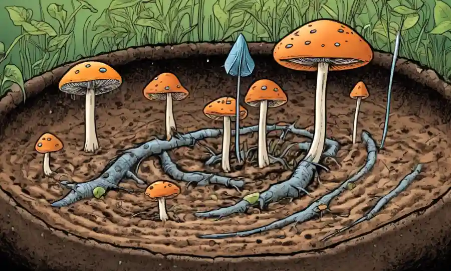 Fungi creciendo en suelo con flechas circulares que ilustran su papel en ciclos de nutrientes.