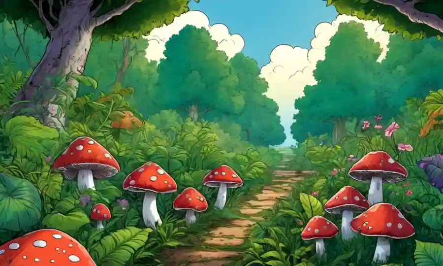 Setas visbrant creciendo en medio de una exuberante vegetación verde en un paisaje pintoresco.