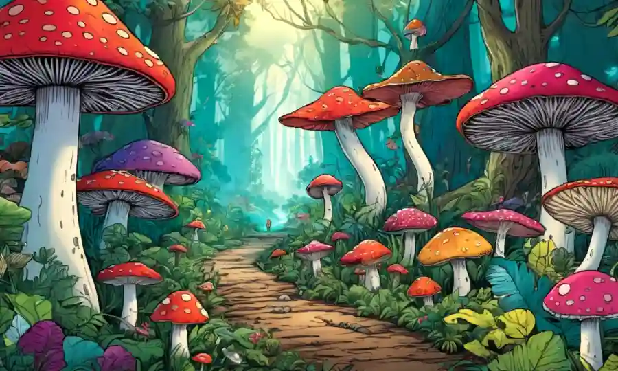 Setas coloridas creciendo en medio de una flora y fauna diversa en un ecosistema forestal vibrante, destacando la conexión humana.