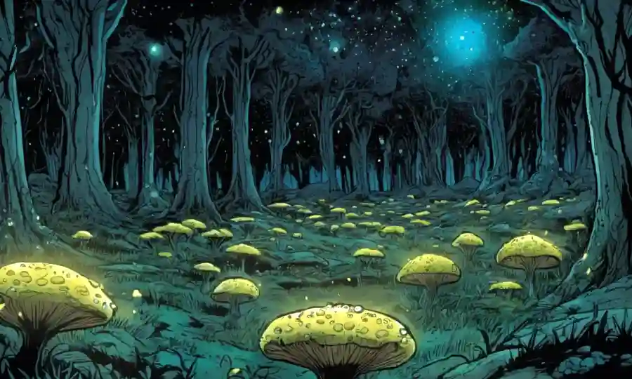 Bosques o pastizales con redes fúngicas destacadas con partículas espumosas.