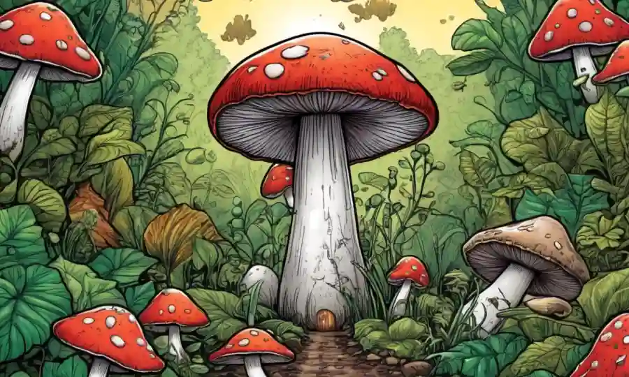 Un logotipo de banco de hongos con símbolos de crecimiento y elementos naturales.