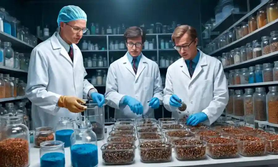Científicos en un laboratorio rodeados de semillas de hongos y contenedores.