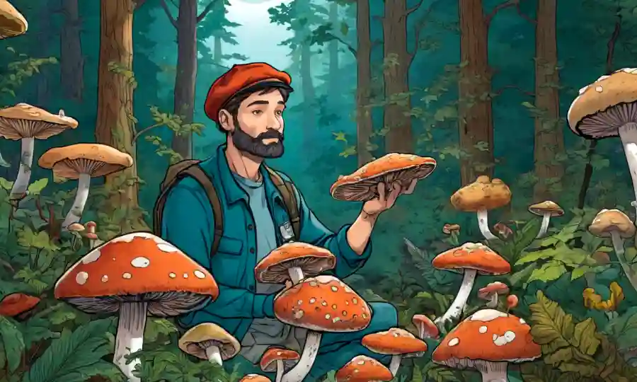 Un investigador de hongos que sostiene un espécimen de hongos rodeado de follaje forestal y una variedad de esporas de hongos.
