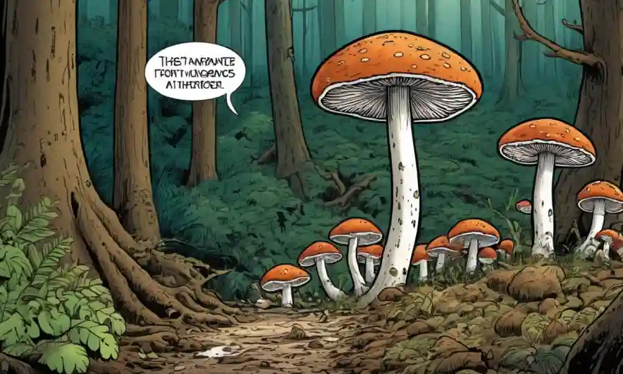 Fungi derribando materia orgánica en una escena forestal con capción La importancia de Fungi.