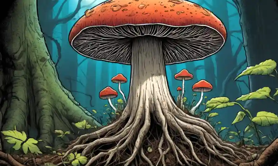 Cierre de un hongo creciendo entre las raíces, simbolizando las relaciones simbióticas entre hongos y plantas.