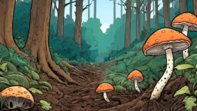 Fungi derribando materia orgánica en un paisaje de suelo forestal.