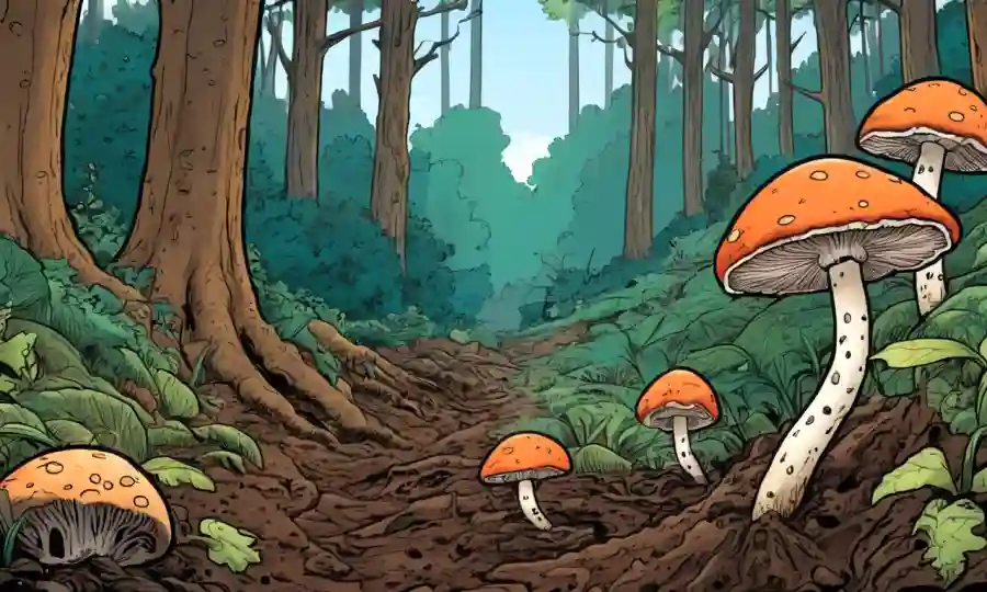 Fungi derribando materia orgánica en un paisaje de suelo forestal.