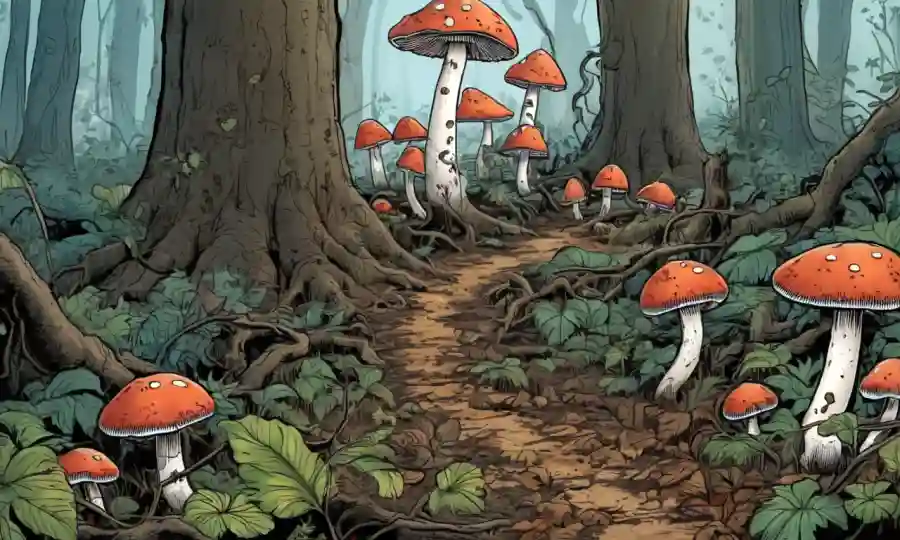 Setas creciendo en un bosque, con hojas descompuestas y raíces alrededor.