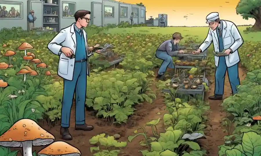 Personas que inspeccionan hongos en un campo o laboratorio, con plantas y alrededores terrenales.