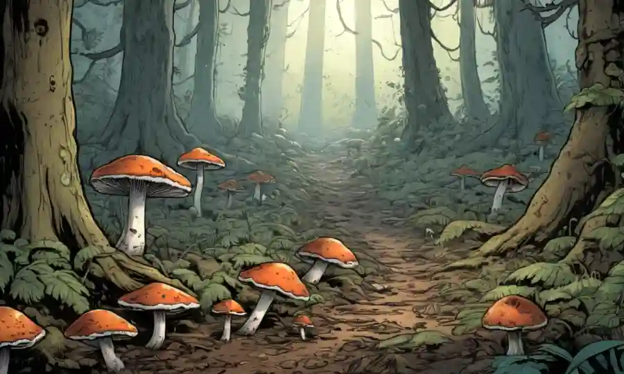 Fungi creciendo en la desintegración de materia orgánica en una escena del suelo forestal.