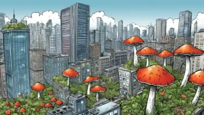 Un hongo creciendo en medio de los rascacielos de los paisajes urbanos.