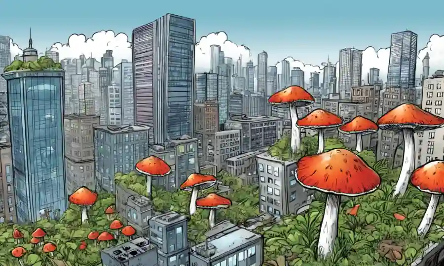 Un hongo creciendo en medio de los rascacielos de los paisajes urbanos.