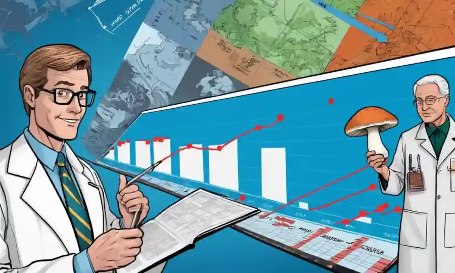 Un científico que tiene una muestra de hongos junto a un gráfico que muestra las tendencias del mercado mundial.